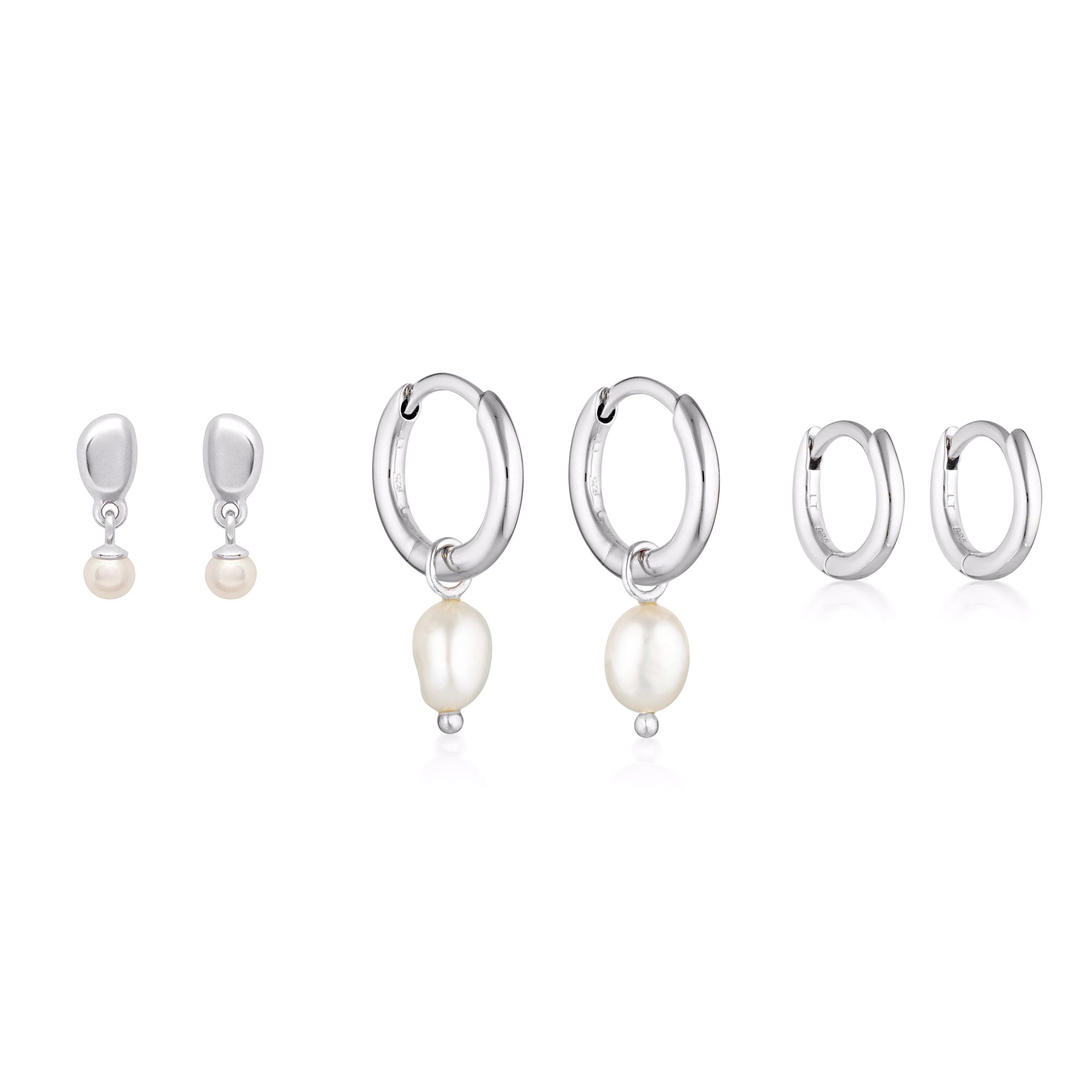 Alga Pearl Stud, Mini & Classic Pearl Huggie Earrings Bundle
