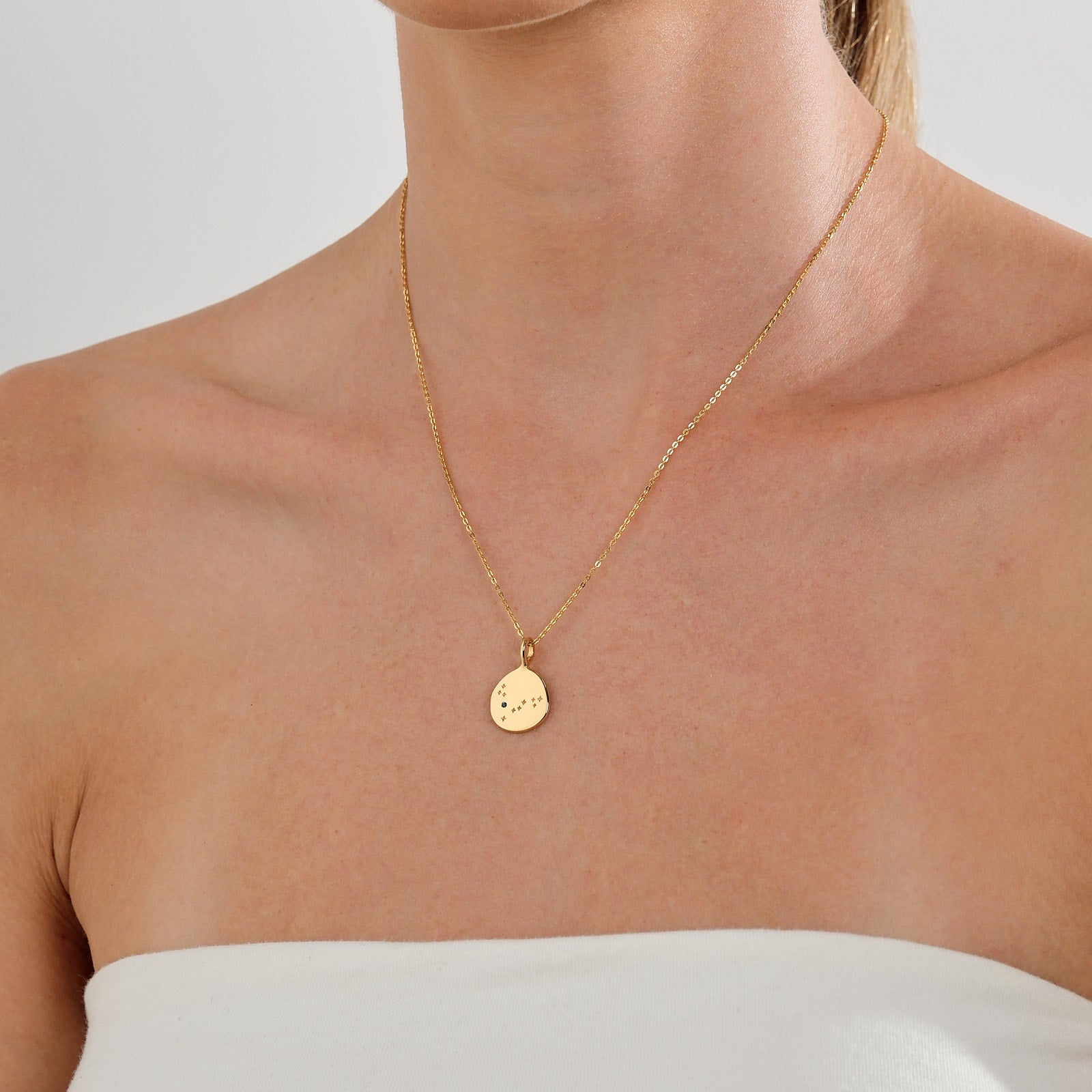 Gold plated cable chain with a zodiac pendant.