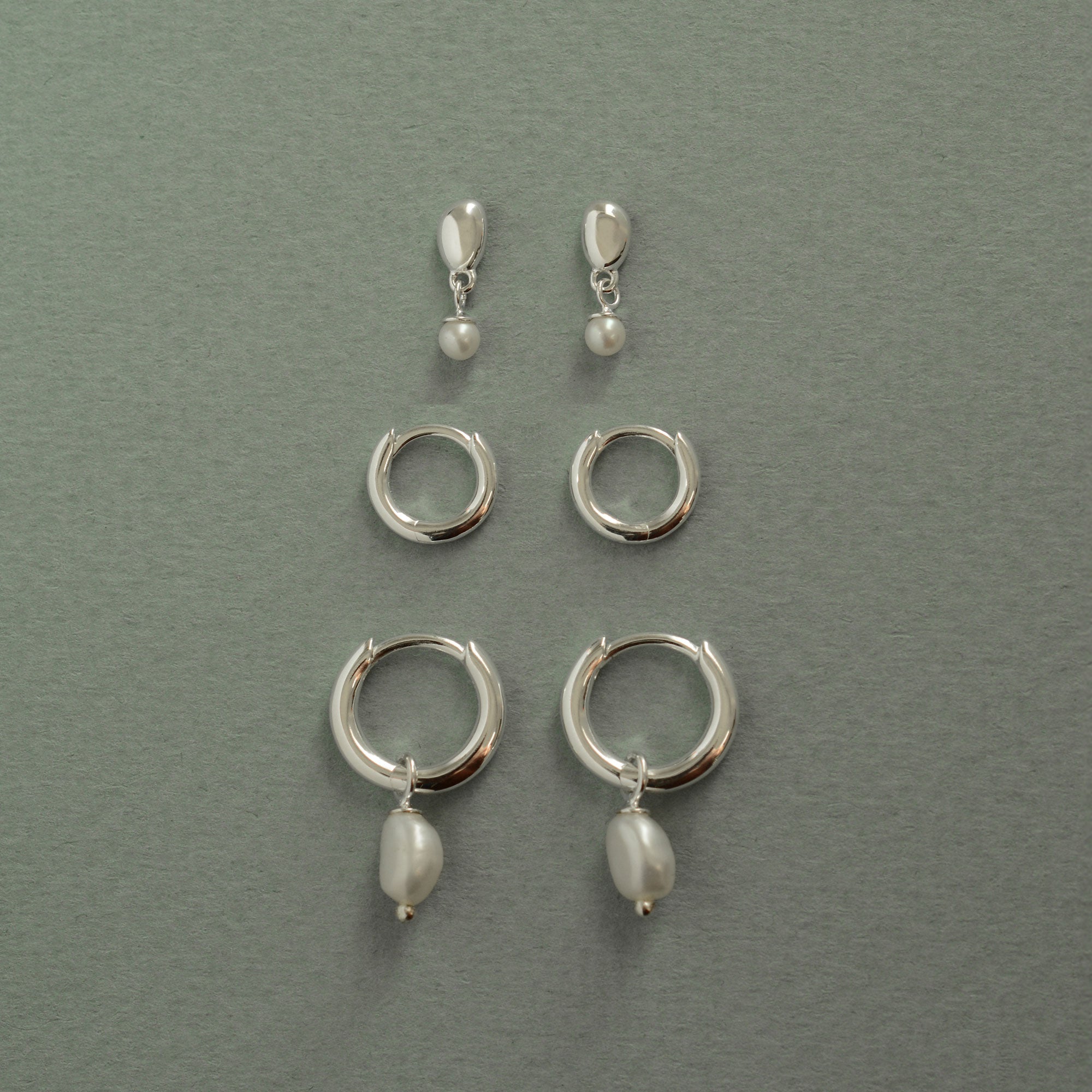 Alga Pearl Stud, Mini & Classic Pearl Huggie Earrings Bundle