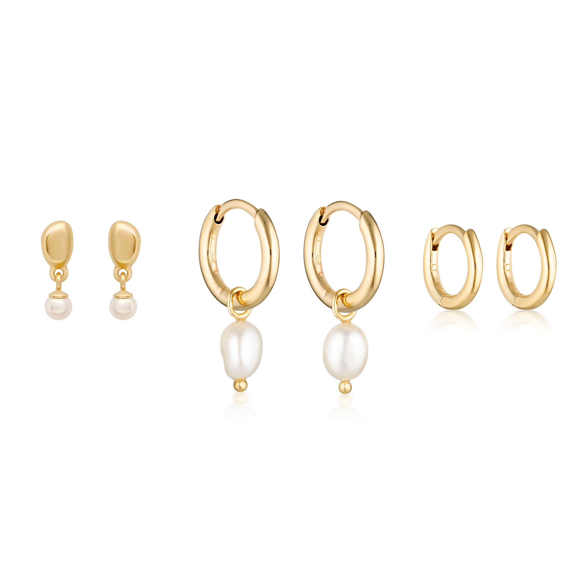 Alga Pearl Stud, Mini & Classic Pearl Huggie Earrings Bundle