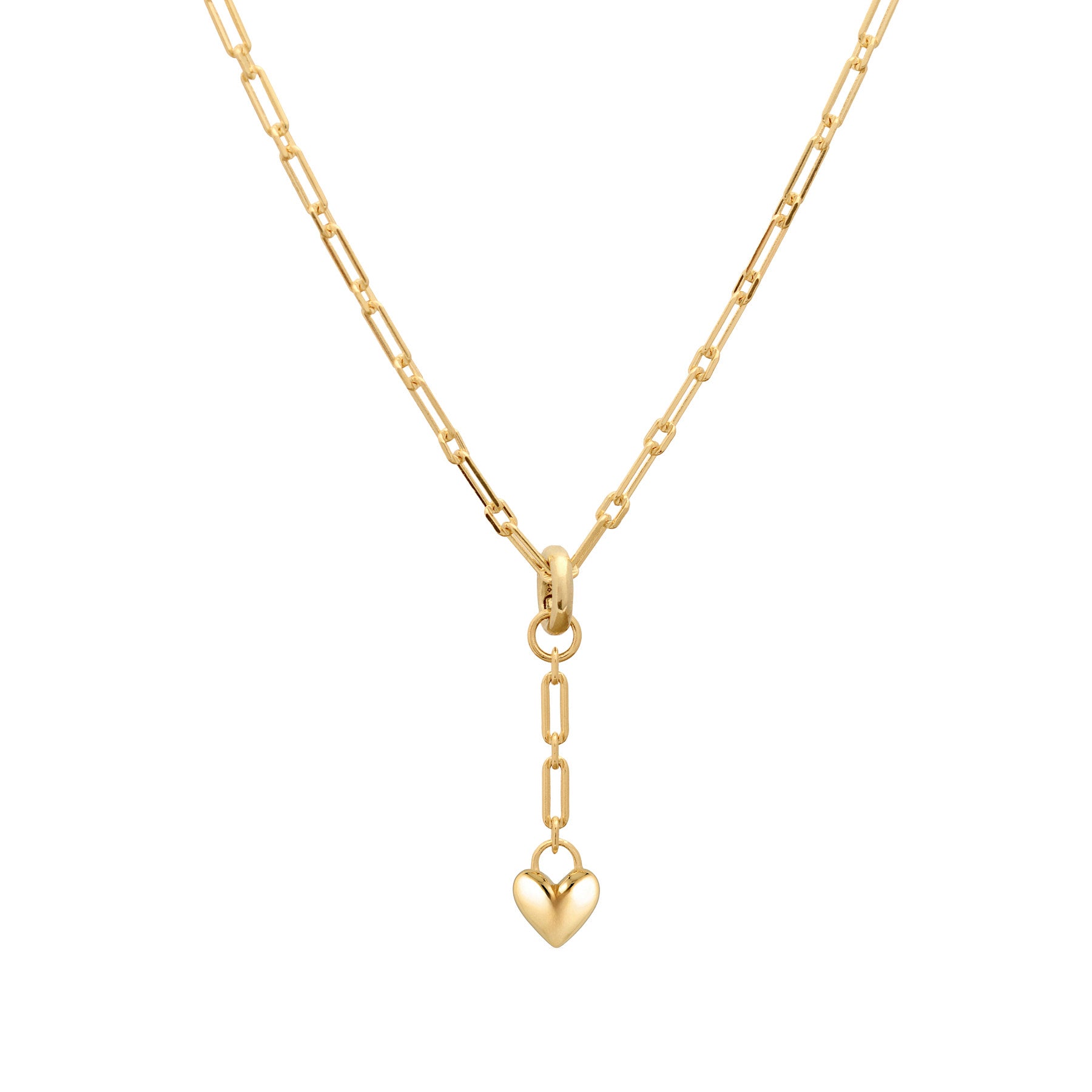 Image of a gold plated chain drop heart charm on a gold plated chain necklace