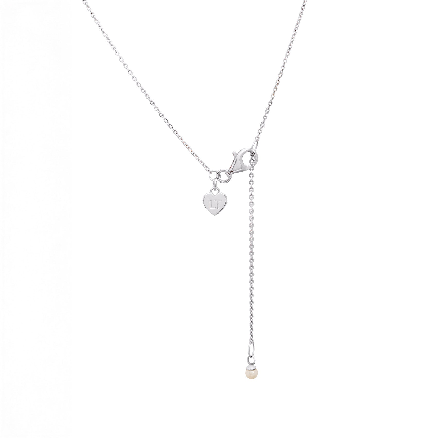 Image of a sterling silver necklace clasp finished with a tiny pearl detail chain.