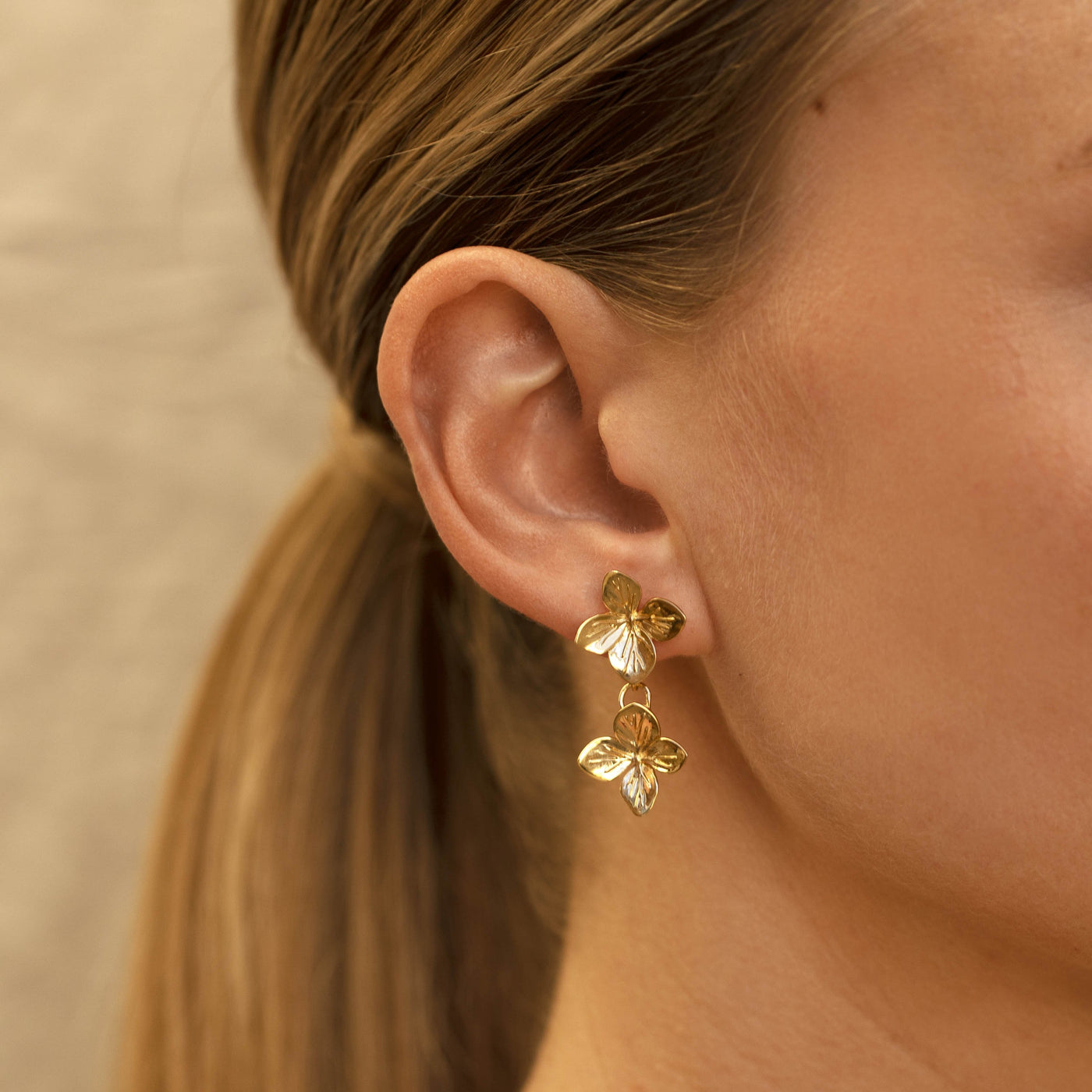 Hydrangea Double Drop Earrings Gold Detailed