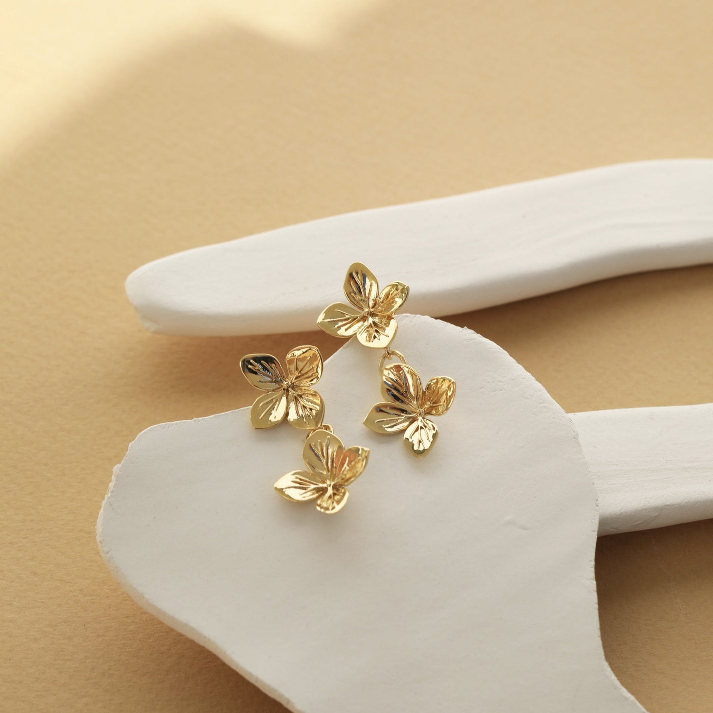 Hydrangea Double Drop Earrings Gold Flat Lay