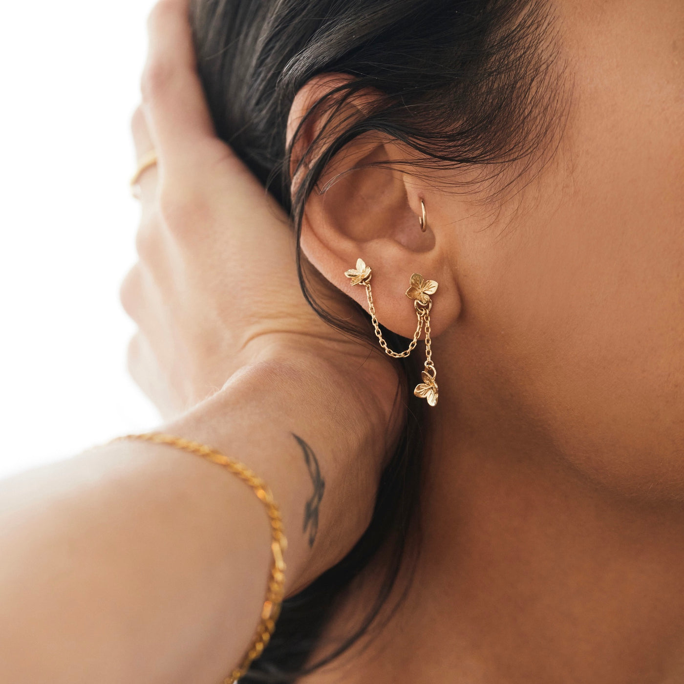 Hydrangea Chain Drop Earrings Gold Campaign