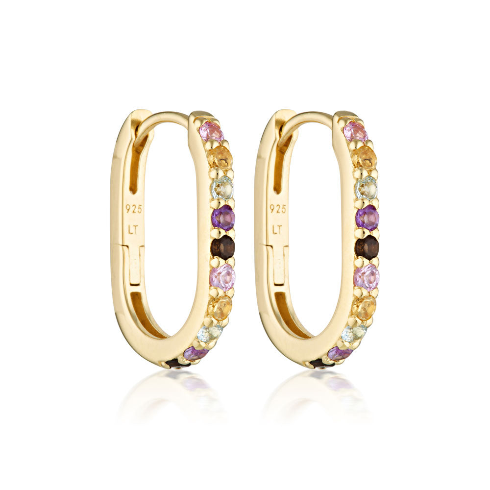 Oval Stone Hoop Earrings - Rainbow Gemstones