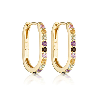 Oval Stone Hoop Earrings - Rainbow Gemstones